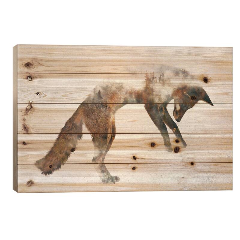 Jumping Fox Print On Wood by Andreas Lie - Multi-Color - 26x40x1.5