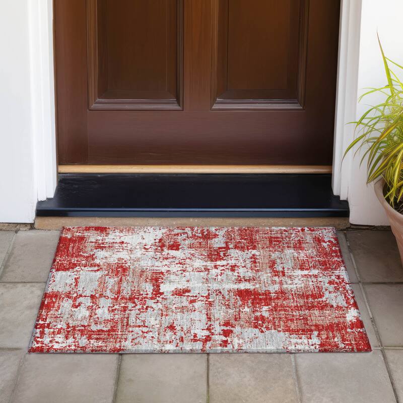 Machine Washable Indoor/ Outdoor Abstract Chantille Rug - Red - 1'8" x 2'6"