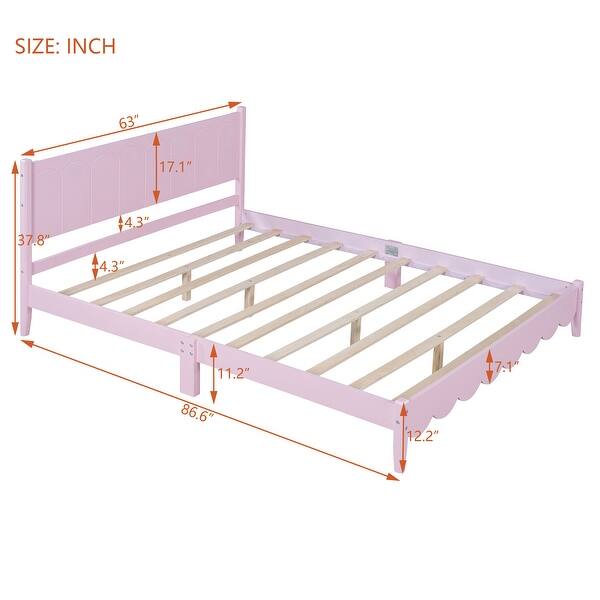 dimension image slide 0 of 2, Retro Style Queen Size Wooden Platform Bed Frame and Rectangular Headboard