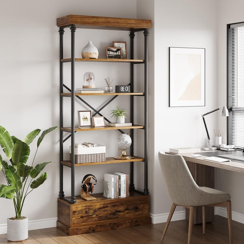 5-Tier Rustic Bookshelf with Metal Frame & Storage Drawer Open Bookcase