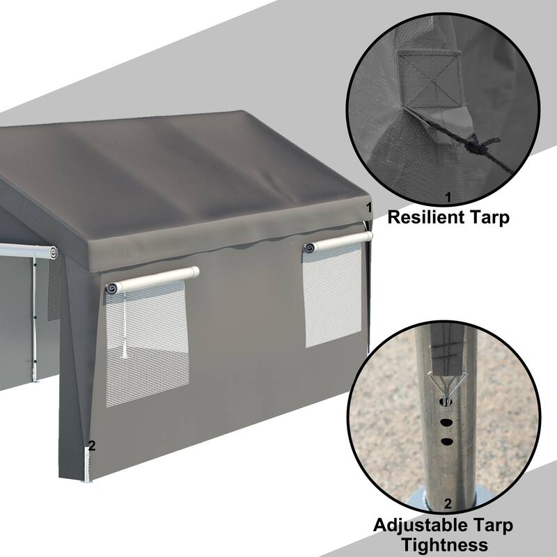 Grey Galvanized Steel 180g PE Waterproof Carport Garage with Windows