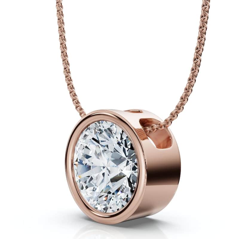 Bliss Diamond 1Ct Certified Bezel Round Cut Diamond Pendant Gold 18" Necklace Lab Grown - Rose