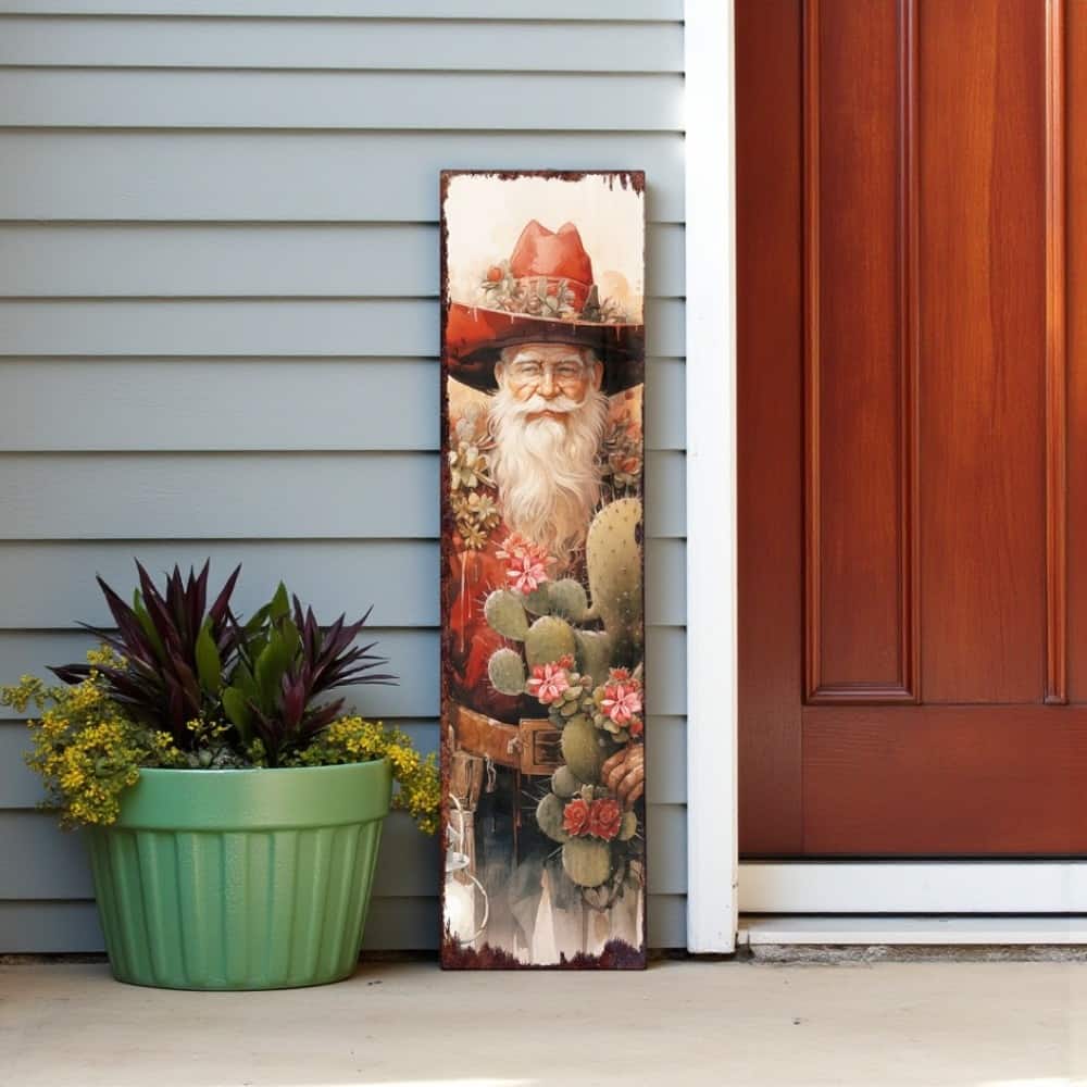 HomeRoots 36" Red Green And White Solid Wood Christmas Cowboy Santa Porch Sign