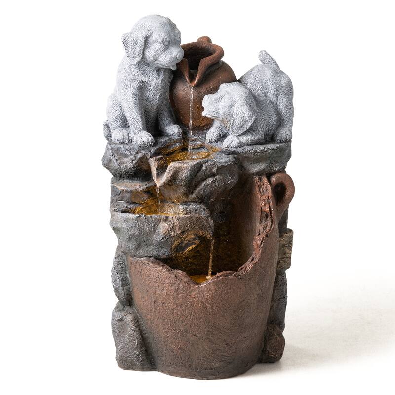 Glitzhome 4-Tiered Dogs or Elephant and Pot Polyresin Outdoor Fountain with Pump and LED Light