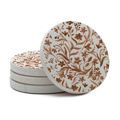 Terracotta Branch 4 Pack Round Natural Sandstone Coasters with Protective Cork Backing Manufactured in The USA