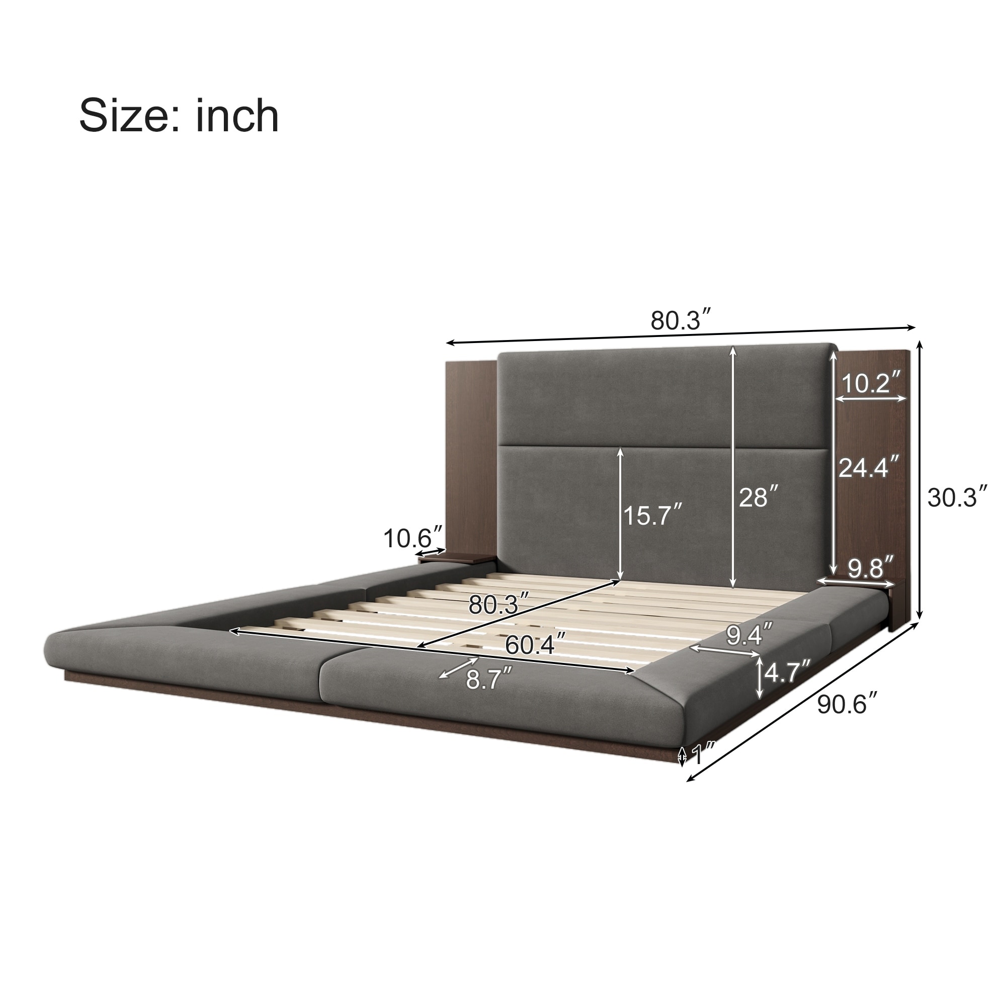 Floor Upholstered Platform Bed with Extended Wood Headboard & Bedside Shelf