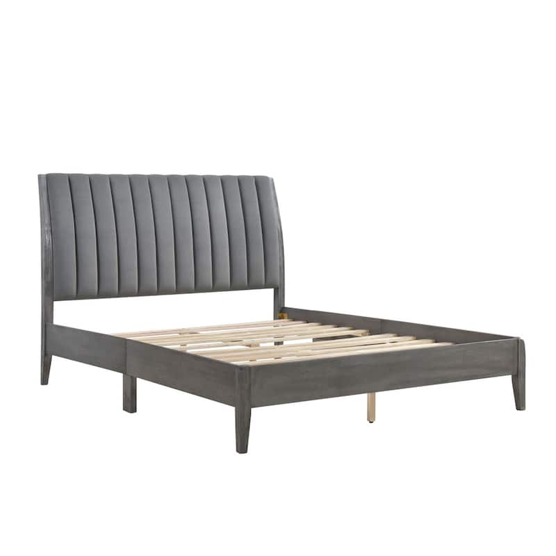 Ryla King Size Platform Bed, Gray Tufted Velvet Upholstered Panel Headboard