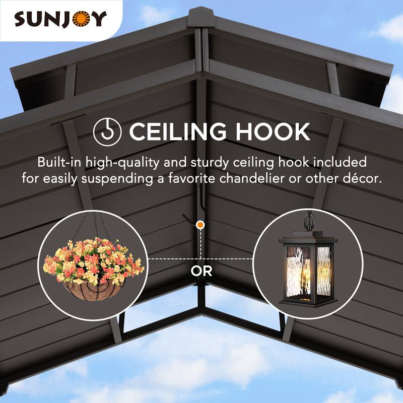 Sunjoy Grill Gazebo 5 ft. x 8 ft. Brown Steel Frame Double Tiered Hardtop Gazebo with Ceiling Hook and Bar Shelves