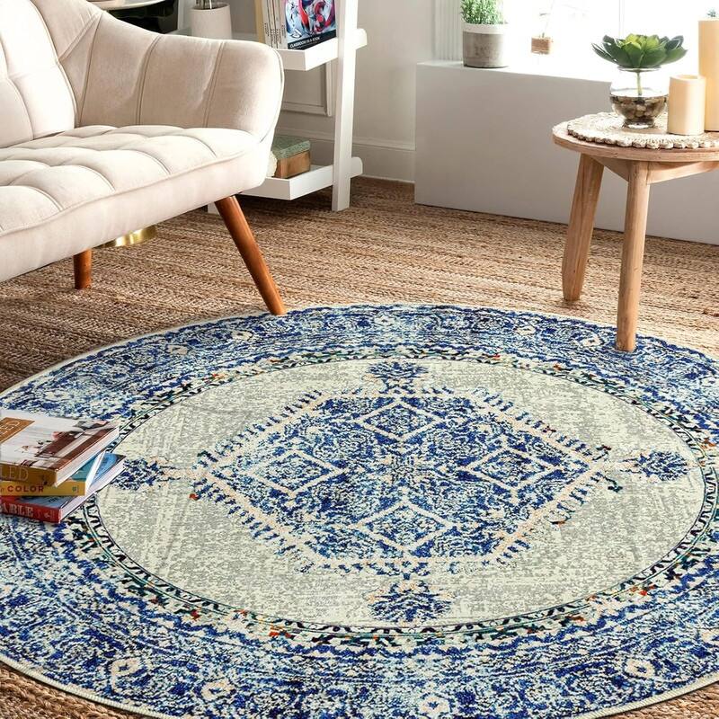 Round Rug 5ft Area Washable Boho Neutral Circle Rugs - 5' (Round) - Vintage Blue Cream