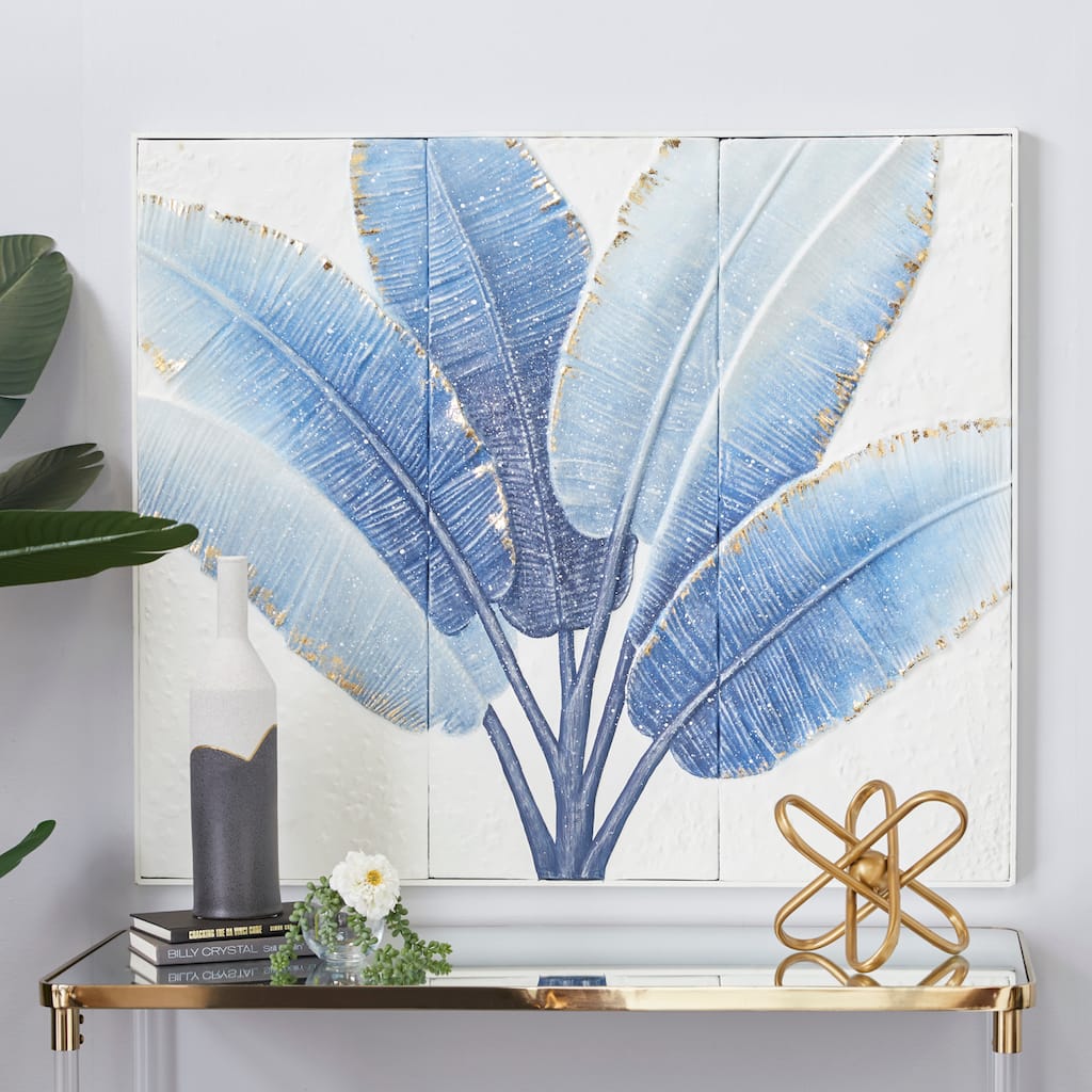 Blue Metal Handmade Palm Leaf Home Wall Decor with White Backing