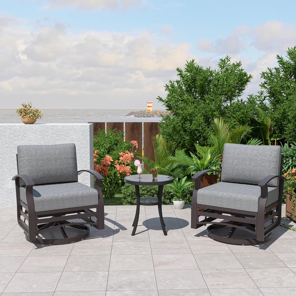 Kullavik 3Pcs Aluminum Rocking Chair Swivel Chairs Set with Glass Top Table & 5" Thick Cushion