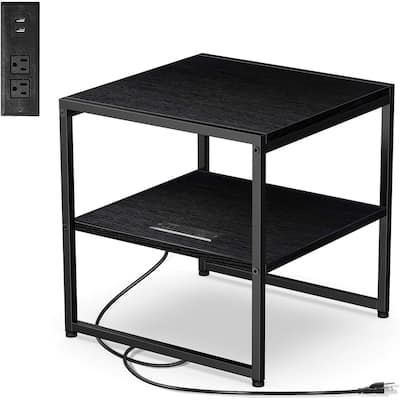 20" End Table , Industrial Square Side Table with USB Ports & Outlet