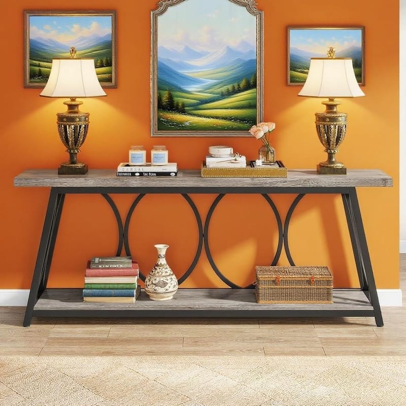 Particle Board Console Table Metal Frame with Shelf - 70.87” L x 11.81” W x 31.5” H