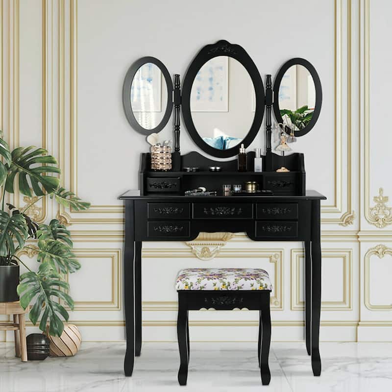 Gymax Vanity Makeup Set W/7 Drawer Tri-Folding Mirror Dressing Table &
