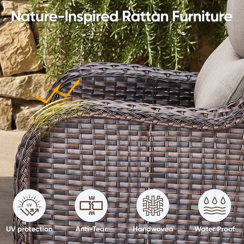 Swivel Patio Wicker Chairs Set of 2- Beige cushion - Brown