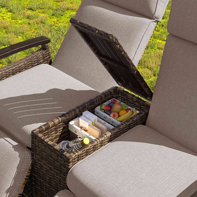 Wicker Patio Recliner Chair Set with Cushions and Storage Table