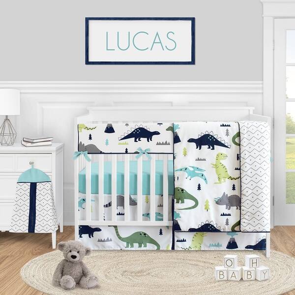Shop Mod Dinosaur Collection Boy 5 Piece Nursery Crib Bedding Set Blue Green And Grey Modern Dino Overstock 31785126