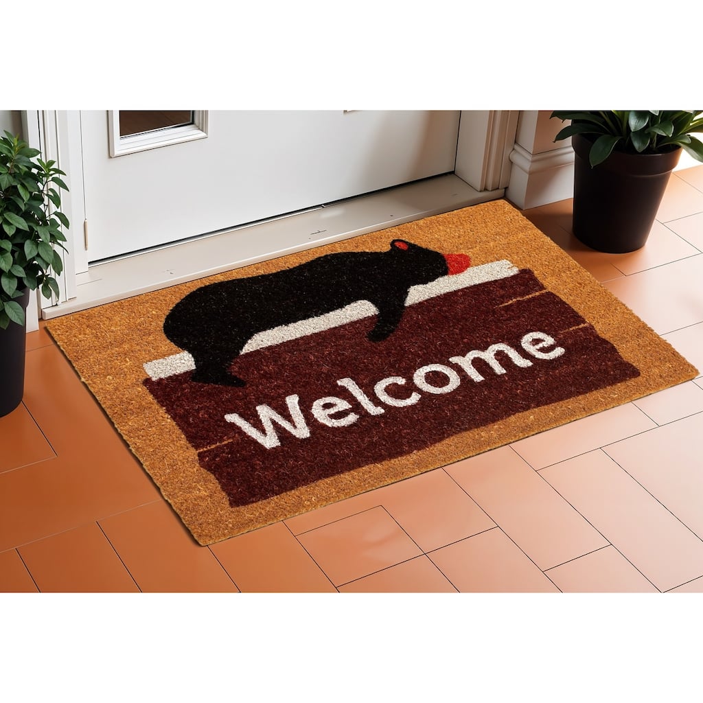 HomeRoots 17" X 29" Natural Black And Brown Bear Welcome Outdoor Coir Door Mat - 17' X '29