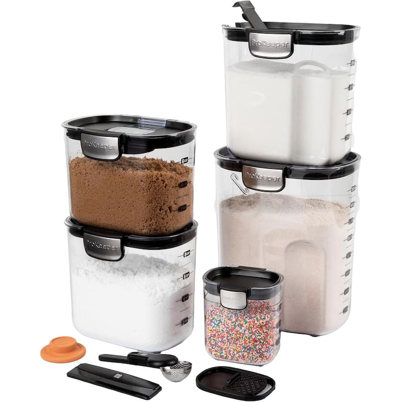 ProKeeper+ 9 Piece Clear Plastic Airtight Food Flour and Sugar Baker's Kitchen Storage Organization Container - Black
