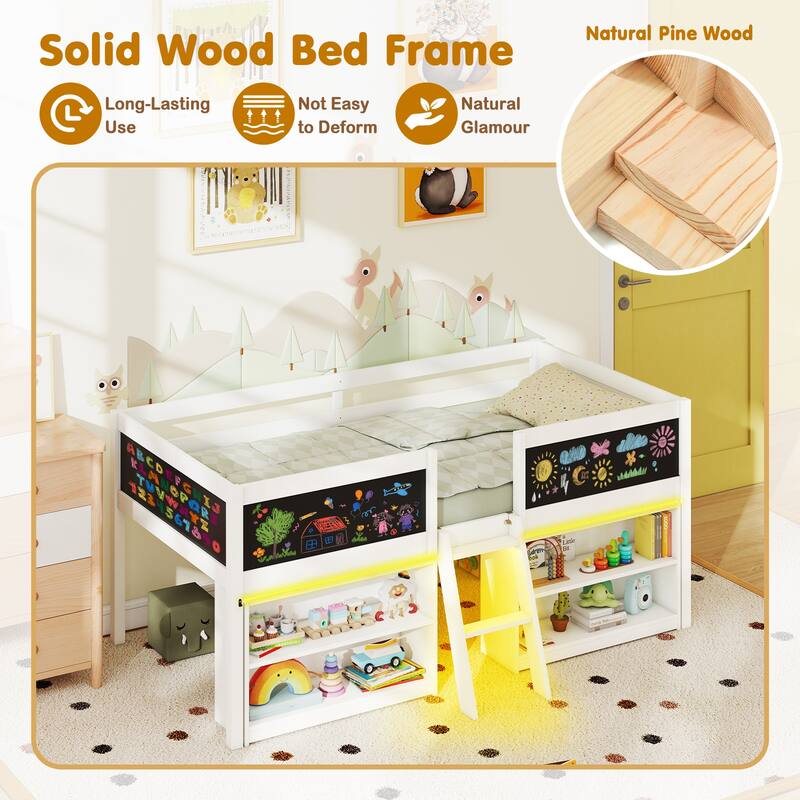 Twin Size Low Loft Bed with LED Lights and Storage Shelves Chalkboards Guardrails and Ladder