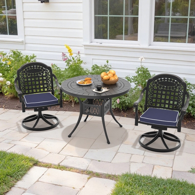 3-Piece Aluminum Round Outdoor Patio Dining Set, 2 Cushioned Swivel Chairs, Table, All-Weather Frames