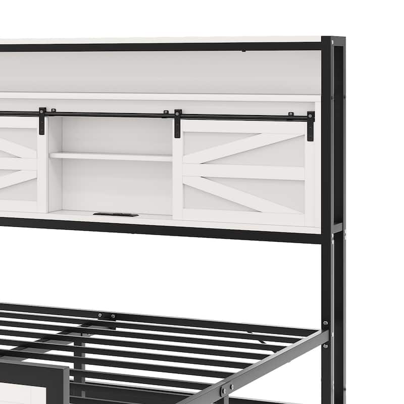 White Farmhouse Bed Frame with Sliding Barn Door Storage Cabinets