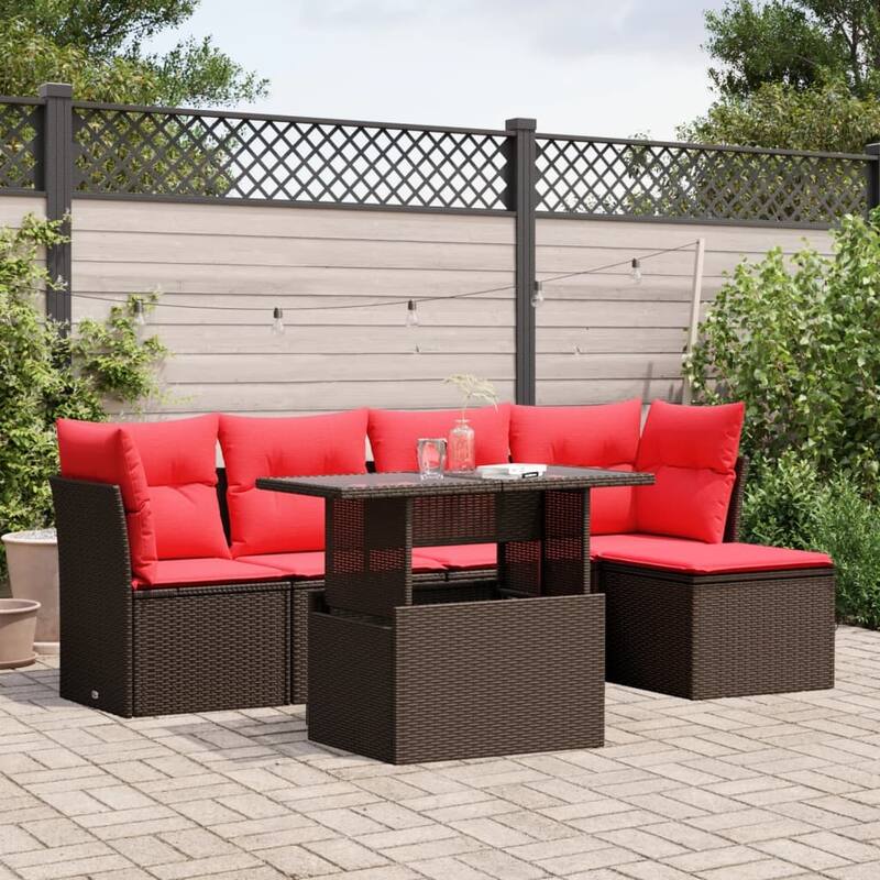 vidaXL Patio Sofa Set with Cushions Modular Outdoor Seating 6 Piece Poly Rattan - Brown without storage