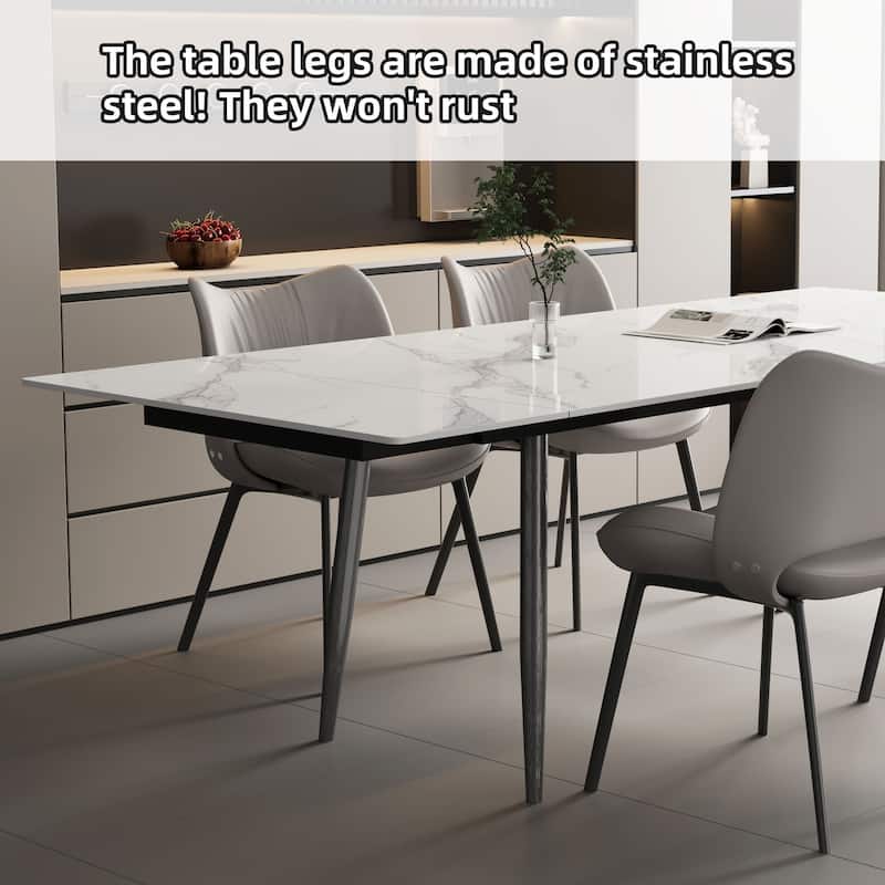 62.9'' to 94.4'' expandable Slate rectangular Glossy White kitchen Stone Top dining table stainless steel legs.