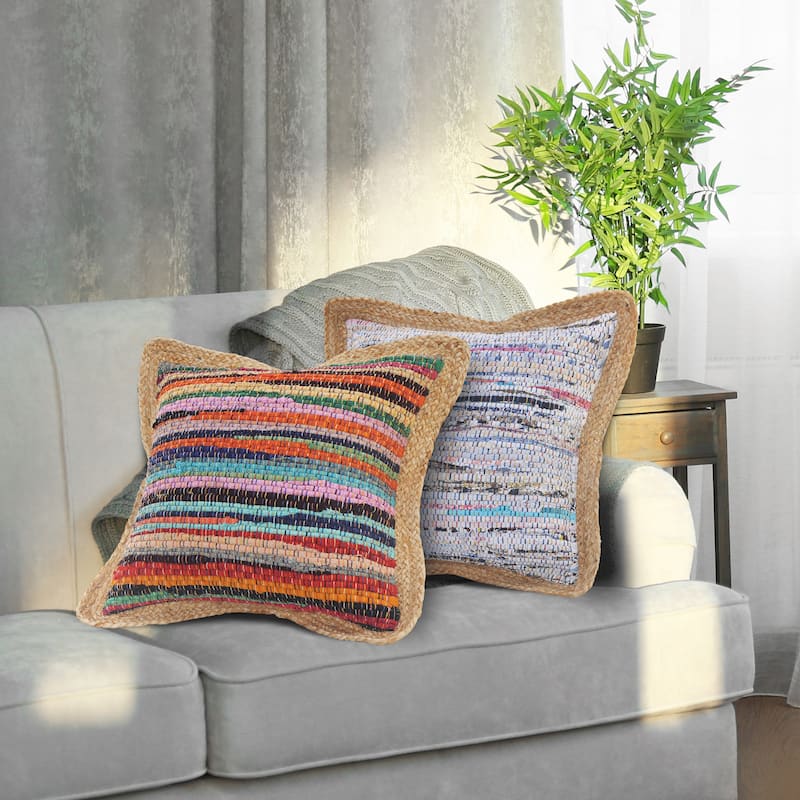 Sevita Bold Multicolored Chindi Jute Bordered Throw Pillow