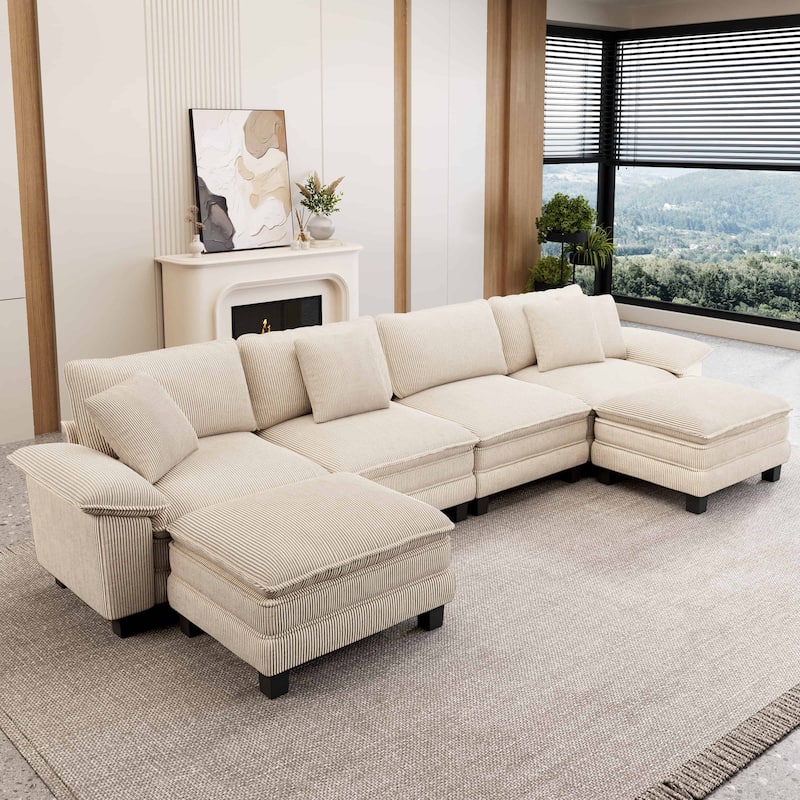 MAISON ARTS Modular Cloud Sectional Sofa, Comfy L- or U-Shaped Couch with Ottomans & Pillows, 4–6 Seat Living Room Sofa - Beige Corduroy (6 Pieces) - Symmetrical