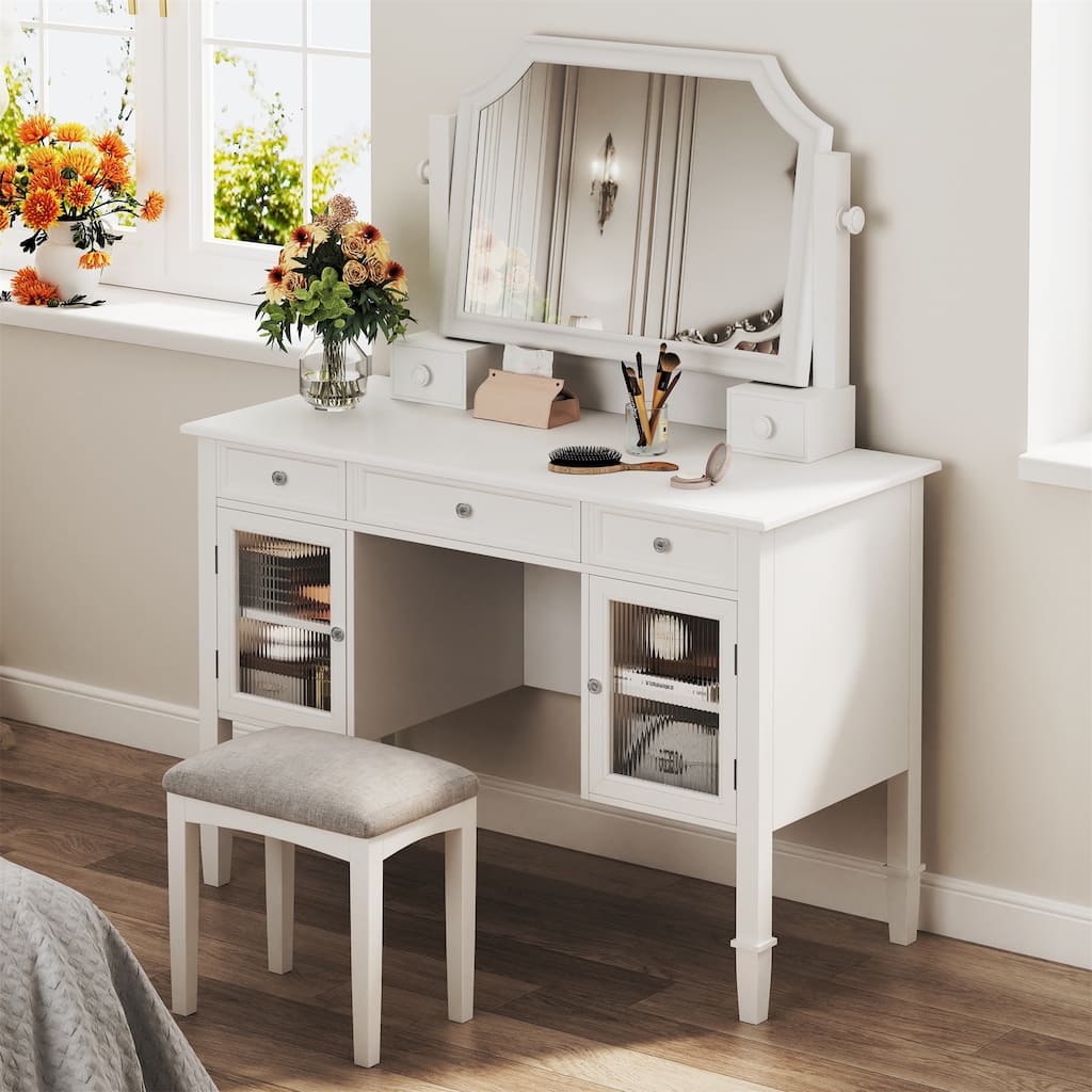 44.4" Makeup Vanity Desk with Large Adjustable Mirror, Space-Saving Beauty Station for Bedroom