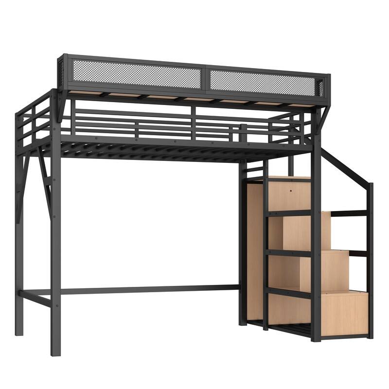 Twin XL / Full Size Loft Bed with Storage Stairs and Open Wardrobe, Metal Kids Bed Frame with USB Ports and LED Lights