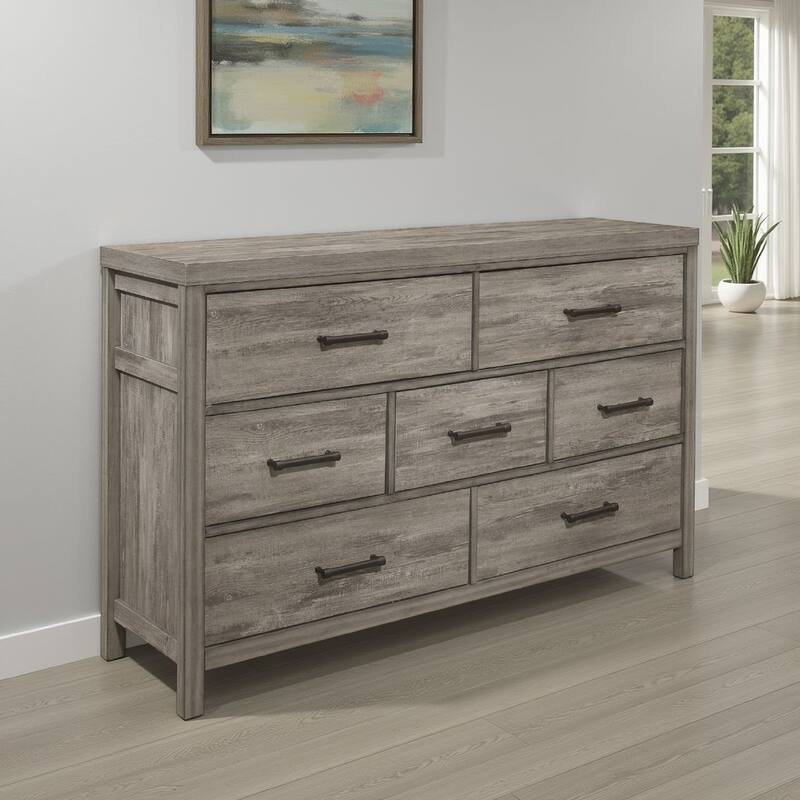 Rie 59 Inch Dresser, 7 Drawers, Weathered Gray Melamine Laminate