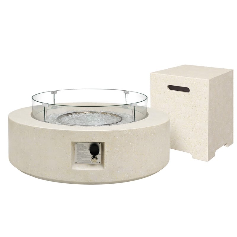 Patio Watcher 42in. Outdoor Round Magnesium Oxide Fire Pit Table with Gas Tank Cover and Wind Guard