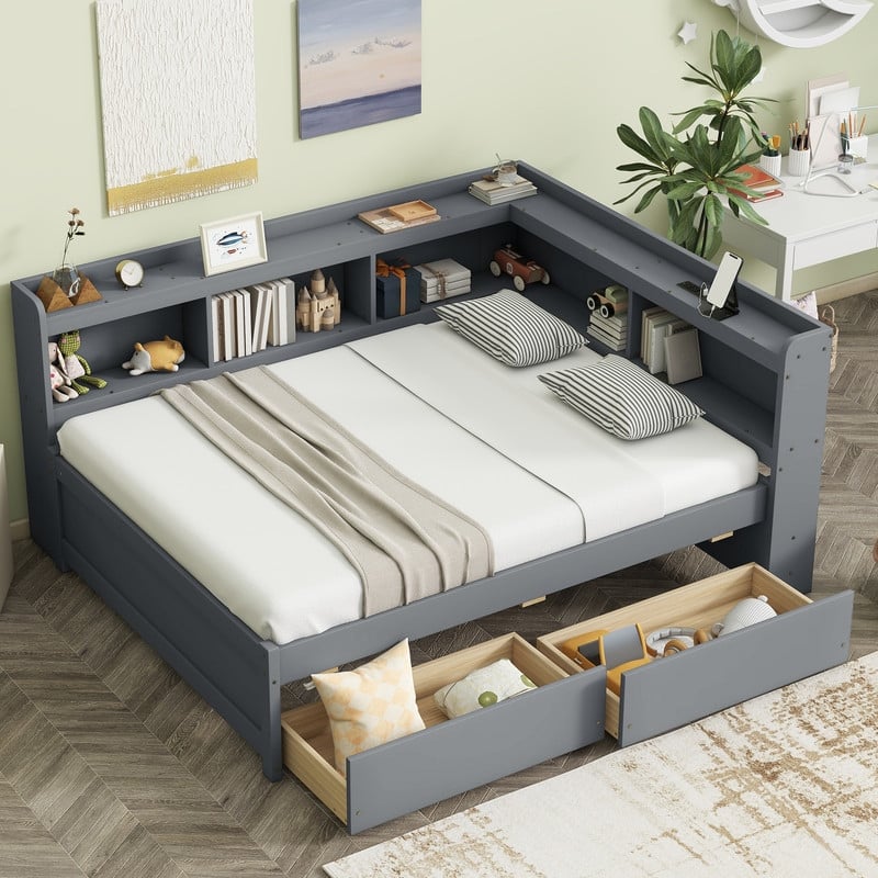 Full Size L-shaped Bookcases Daybed with Power Outlets, USB Charging Ports,Two Drawers - Grey