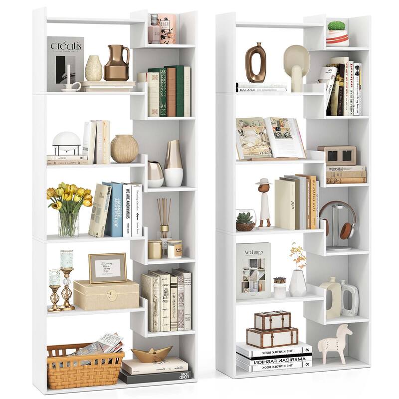 1/2PCS Display Shelf Storage Shelving Unit w/Staggered Shelves - White - 2PCS