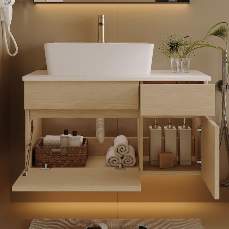 Floating Single Small Bathroom Vanity with Integrated Vessel Ceramic Sink and Multi-layer Storage Solid Wood Cabinet