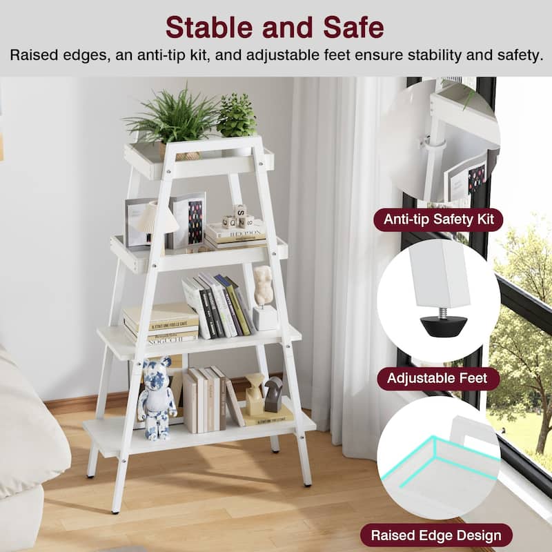 VECELO Modern 4-Tier Corner Ladder Bookshelf Metal & Waterproof MDF Shelves for Living Room Kitchen & Bathroom Corner Bookcase