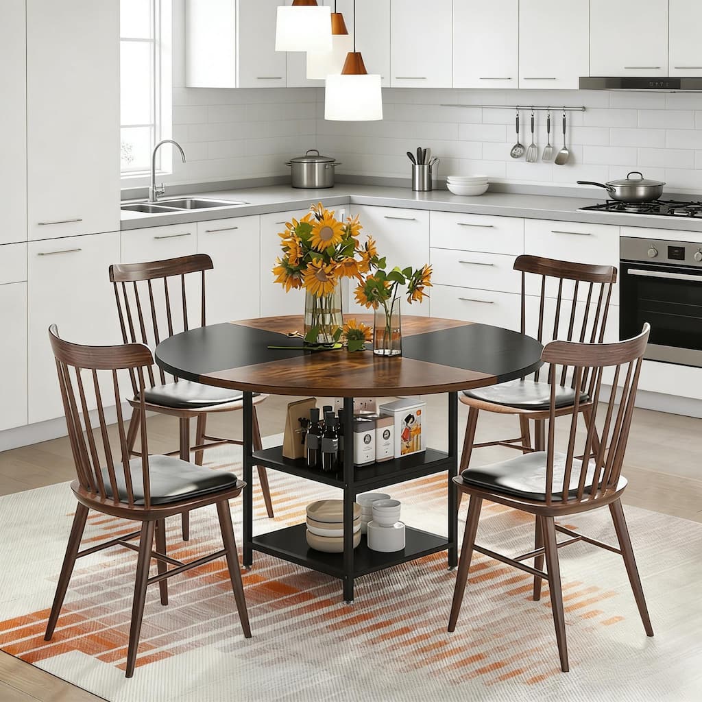 Round Dining Table with Storage Shelf, Kitchen Table with Black and Brown Splicing Desktop, Office Table Coffee Table