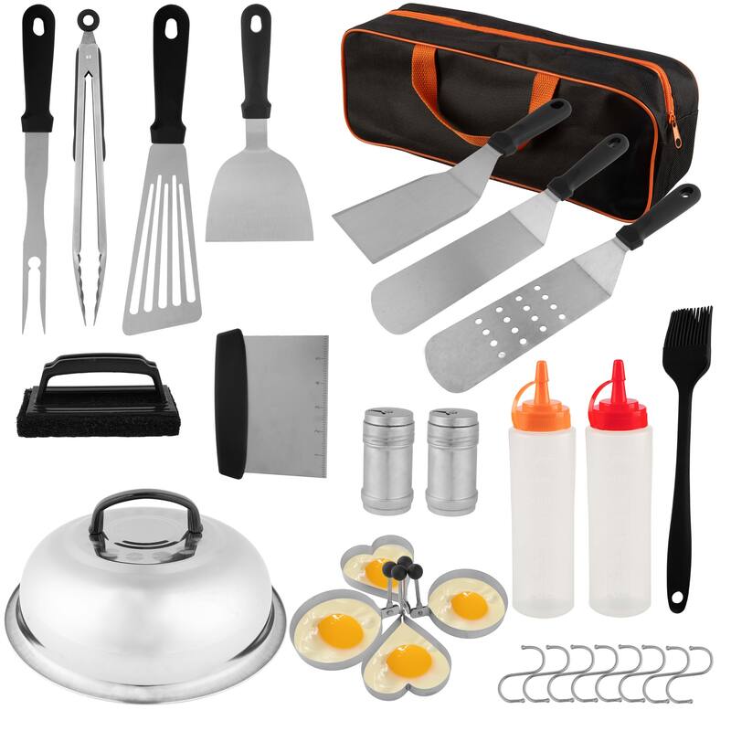 Griddle Accessories - 28PC Grill Set with Stainless Steel Spatulas, Tongs, Cleaner, Dome, and Carry Bag by Home-Complete - Plastic/Stainless Steel - Silver