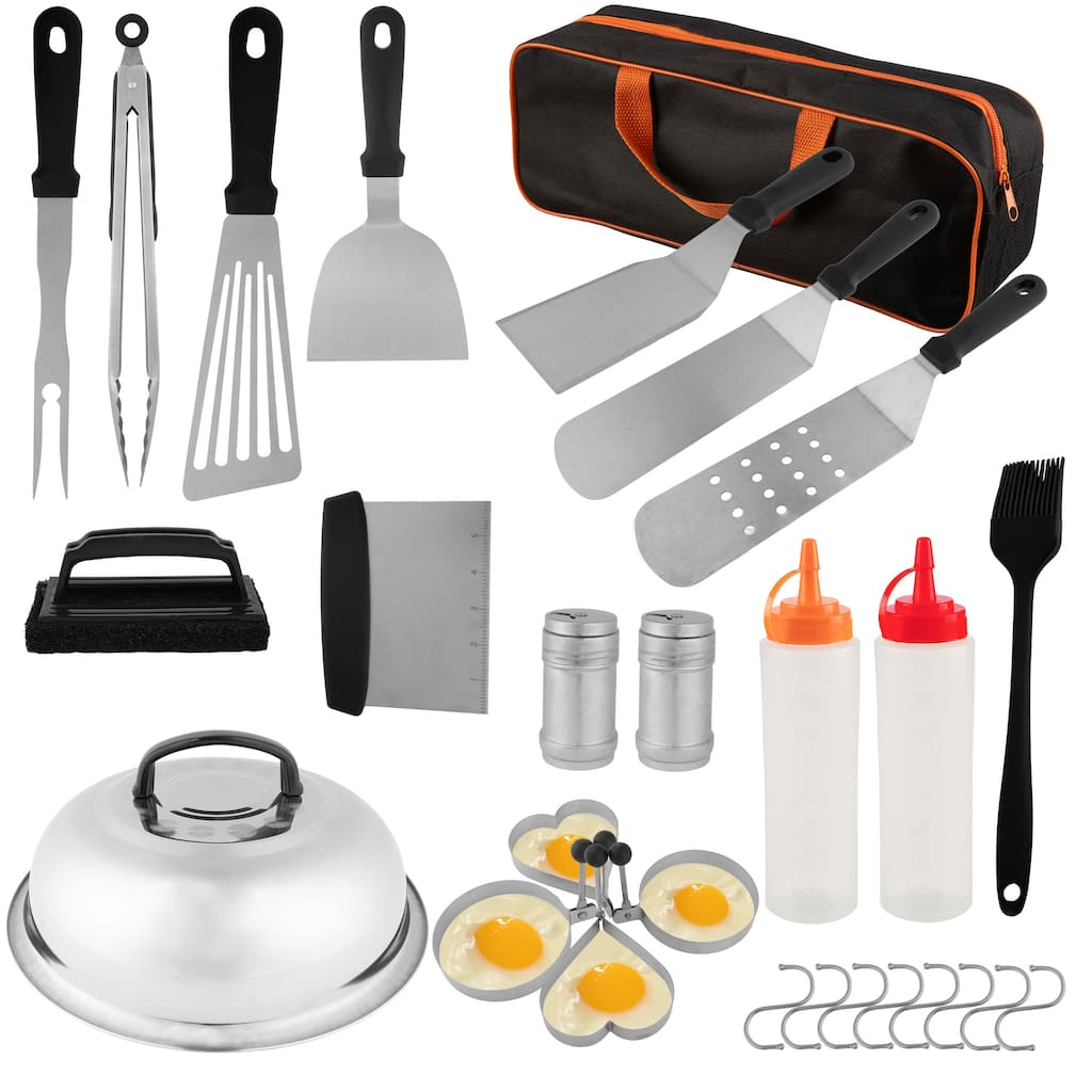 Griddle Accessories - 28PC Grill Set with Stainless Steel Spatulas, Tongs, Cleaner, Dome, and Carry Bag by Home-Complete