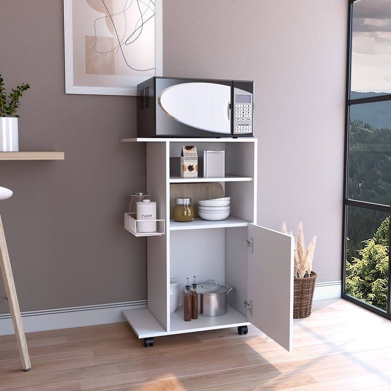 Modern Kitchen cart 39" H, Single Door Cabinet, Four Wheels, One Side Shelf, White - White