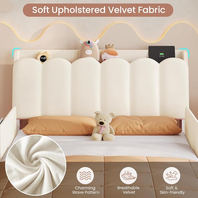 LED Bed Frame Storage DrawerSafety Guardrails Velvet Princess Platform Bed Kids