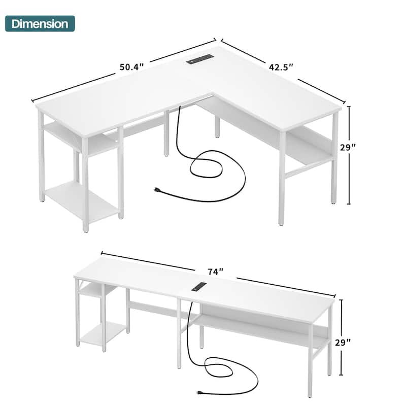 Reversible L Shaped Desk with Storage Shelves, Home Office Corner Desk with Charge Station