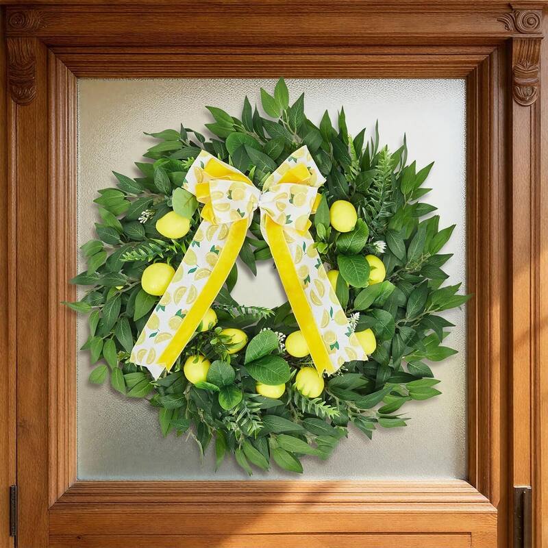24 Inch Artificial Lemon Wreath with Yellow Lemon & Bow for Home Holiday Decorations
