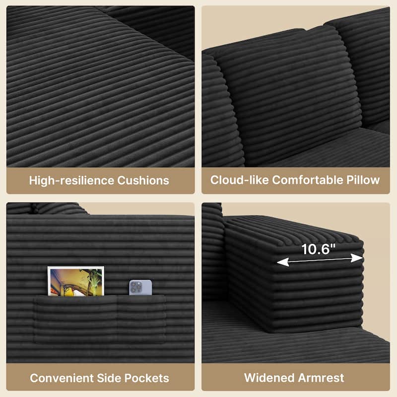 105" Cloud Sectional Couch with L-Shape Chaise, Modular Boneless Sofa, Upholstered Corduroy Couch