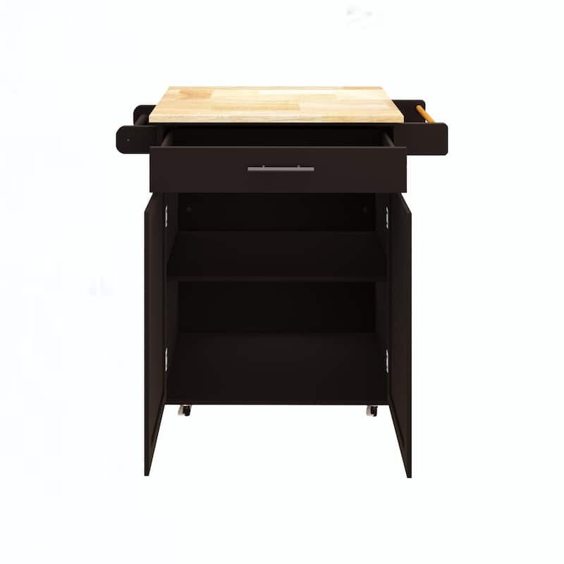 Modern Kitchen Island with Rubber Wood Table Top 1 Drawer, Adjustable Shelves, Towel Rack and Seasoning Rack, for Kitchen