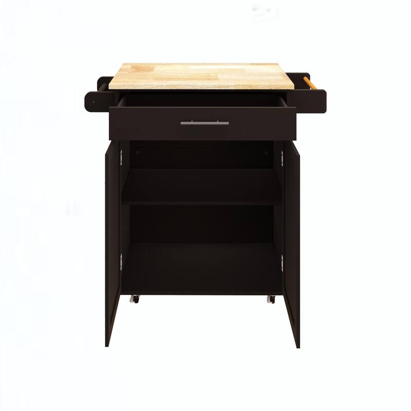 Rolling Kitchen Island with Rubber Wood Table Top, Kitchen Island Cart on Wheels with Adjustable Shelf, 1 Drawer & 2 Doors