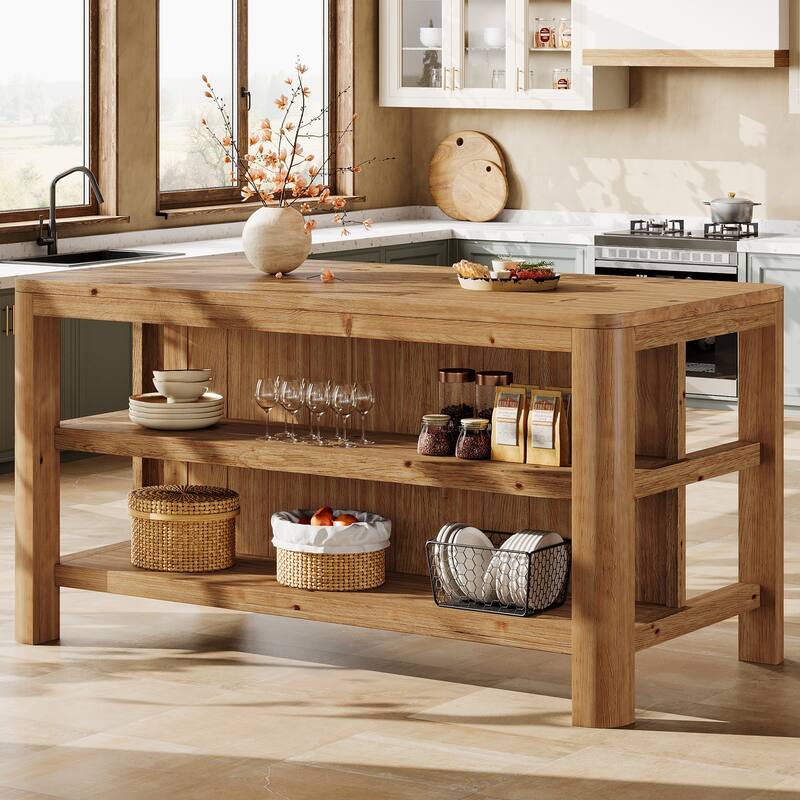 63-Inch Solid Wood Kitchen Island with Storage Shelves - 63.0" W x 28" D x 35.4" H - Brown