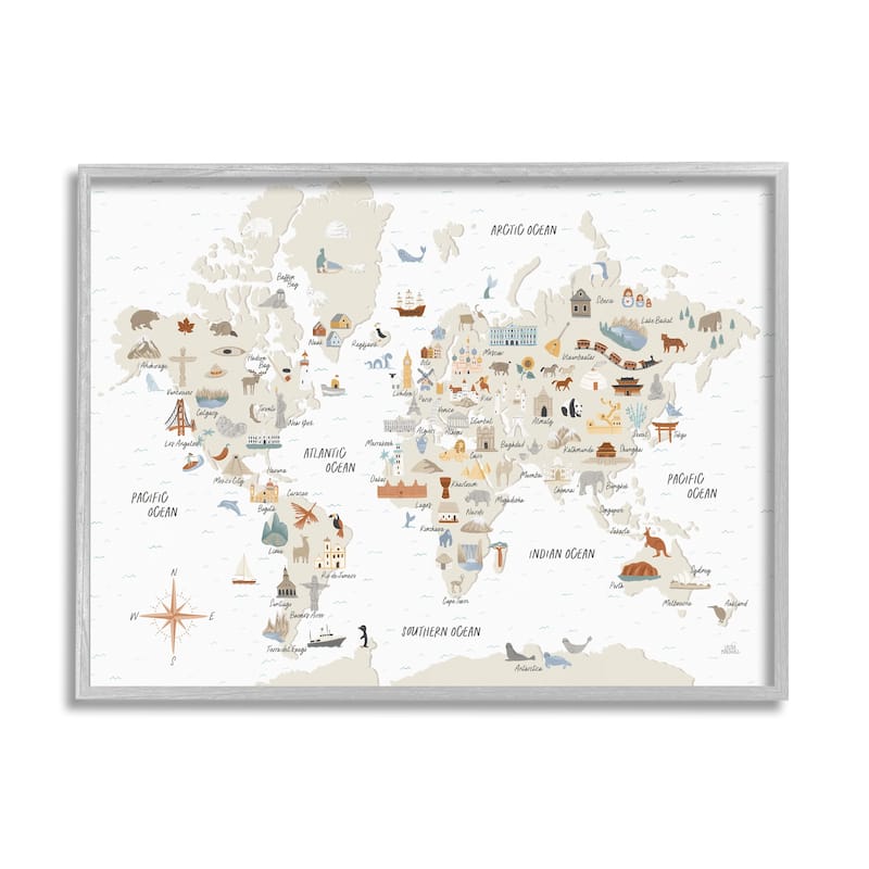 Stupell World Map of Destination Illustrations Soft Brown Tones Framed Wall Art - 14 x 11 - Grey